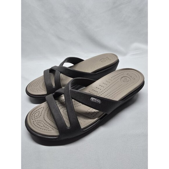 CROCS Patricia II Womens Size 10 Brown/Tan Criss Cross Low Wedge Sandals - Picture 2 of 7